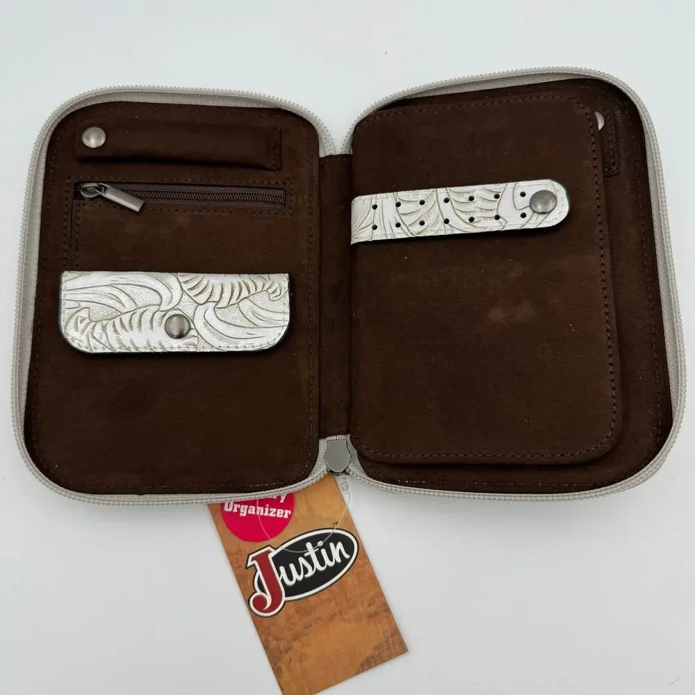Justin Jewelry Organizer White Western Tooled Zip Case NWT Travel Storage
